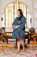 Plus Size Printed Women Teal Blue Tunic Dress-130030