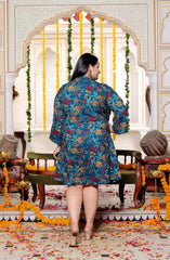 Plus Size Printed Women Teal Blue Tunic Dress-130030