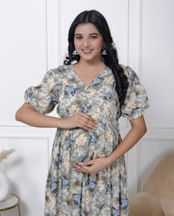 Regular Size Grey Floral Print Flared Maternity Gown-1400003