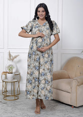 Regular Size Grey Floral Print Flared Maternity Gown-1400003