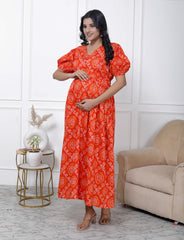 Regular Size Orange Bandhani Print Flared Maternity Gown-1400006