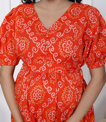 Regular Size Orange Bandhani Print Flared Maternity Gown-1400006