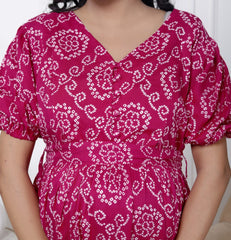Regular Size Pink Bandhani Print Flared Maternity Gown-1400007