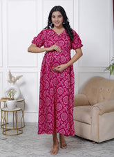 Regular Size Pink Bandhani Print Flared Maternity Gown-1400007
