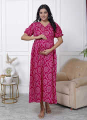 Regular Size Pink Bandhani Print Flared Maternity Gown-1400007