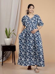 Regular Size Blue Floral Print Flared Maternity Gown-1400008