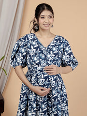Regular Size Blue Floral Print Flared Maternity Gown-1400008