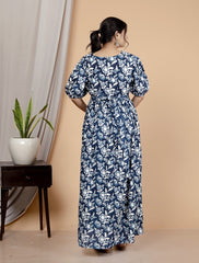 Regular Size Blue Floral Print Flared Maternity Gown-1400008
