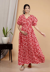 Regular Size Red Floral Print Flared Maternity Gown-1400009
