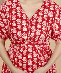 Regular Size Red Floral Print Flared Maternity Gown-1400009