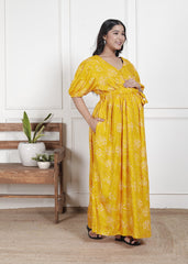 Regular Size Yellow Floral Print Flared Maternity Gown-1400011