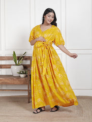 Regular Size Yellow Floral Print Flared Maternity Gown-1400011