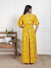 Regular Size Yellow Floral Print Flared Maternity Gown-1400011