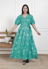 Regular Size Turquoise Floral Print Flared Maternity Gown-1400012