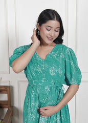 Regular Size Turquoise Floral Print Flared Maternity Gown-1400012
