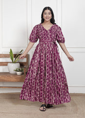 Regular Size Purple Floral Print Flared Maternity Gown-1400013