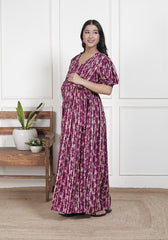 Regular Size Purple Floral Print Flared Maternity Gown-1400013