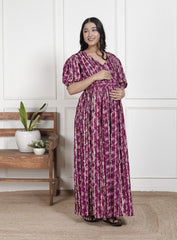 Regular Size Purple Floral Print Flared Maternity Gown-1400013