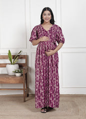 Regular Size Purple Floral Print Flared Maternity Gown-1400013
