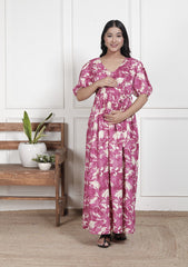 Regular Size Purple Floral Print Flared Maternity Gown-1400014