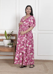 Regular Size Purple Floral Print Flared Maternity Gown-1400014