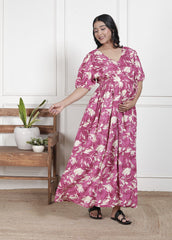 Regular Size Purple Floral Print Flared Maternity Gown-1400014