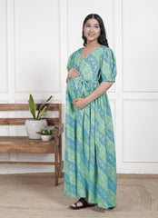 Regular Size Turquoise Floral Print Flared Maternity Gown-1400015