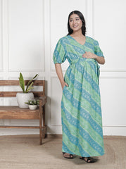 Regular Size Turquoise Floral Print Flared Maternity Gown-1400015