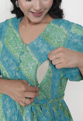 Regular Size Turquoise Floral Print Flared Maternity Gown-1400015