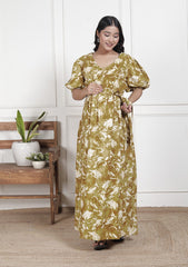 Regular Size Mustard Floral Print Flared Maternity Gown-1400016
