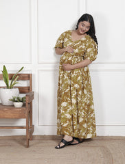 Regular Size Mustard Floral Print Flared Maternity Gown-1400016