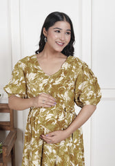 Regular Size Mustard Floral Print Flared Maternity Gown-1400016