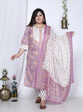 Plus Size Purple Cotton Printed Kurta Pant Set with Dupatta-200003