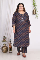 Plus Size Dark Blue Cotton Printed Kurta Pant Set with Dupatta-200005