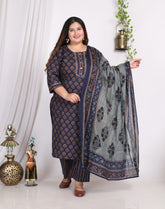 Plus Size Dark Blue Cotton Printed Kurta Pant Set with Dupatta-200005