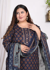 Plus Size Dark Blue Cotton Printed Kurta Pant Set with Dupatta-200005
