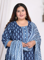 Plus Size Light Blue Cotton Printed Kurta Pant Set with Dupatta-200006