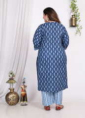 Plus Size Light Blue Cotton Printed Kurta Pant Set with Dupatta-200006