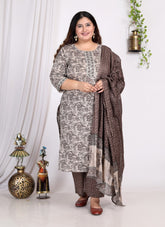 Plus Size Grey Cotton Printed Kurta Pant Set with Dupatta-200007