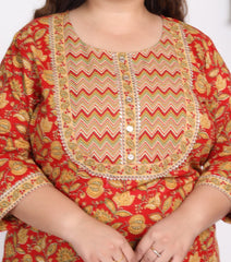 Plus Size Orange Cotton Printed Kurta Pant Set with Dupatta-200009