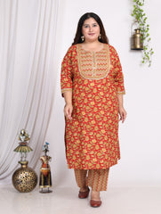 Plus Size Orange Cotton Printed Kurta Pant Set with Dupatta-200009