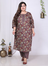 Plus Size Purple Cotton Printed Kurta Pant Set with Dupatta-200011