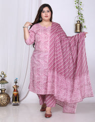 Plus Size Purple Cotton Printed Kurta Pant Set with Dupatta-200014
