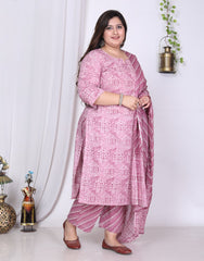 Plus Size Purple Cotton Printed Kurta Pant Set with Dupatta-200014