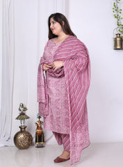 Plus Size Purple Cotton Printed Kurta Pant Set with Dupatta-200014