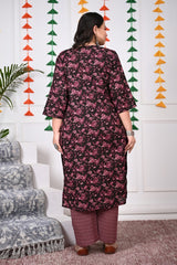 Plus Size Purple Cotton Printed Kurta Pant Set with Dupatta-200016