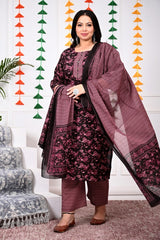 Plus Size Purple Cotton Printed Kurta Pant Set with Dupatta-200016