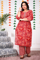 Plus Size Red Cotton Printed Kurta Pant Set with Dupatta-200020