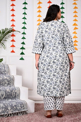 Plus Size White Cotton Printed Kurta Pant Set with Dupatta-200021