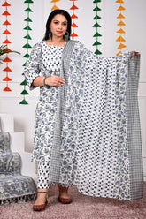 Plus Size White Cotton Printed Kurta Pant Set with Dupatta-200021